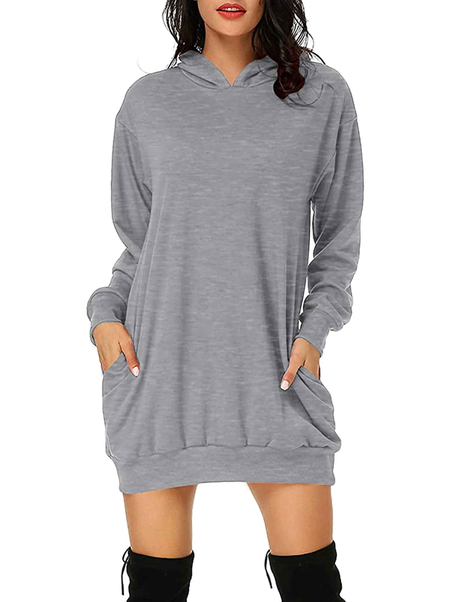 Women Loose Hooded Dress with Pockets ...